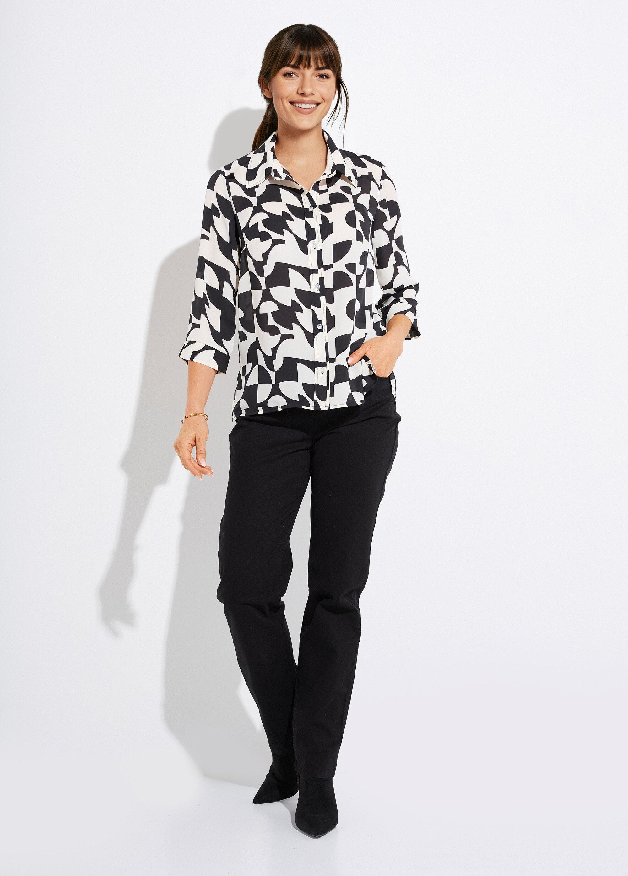 3/4_sleeve_button-down_blouse_with_graphic_print_Black_and_ecru_SF1_slim