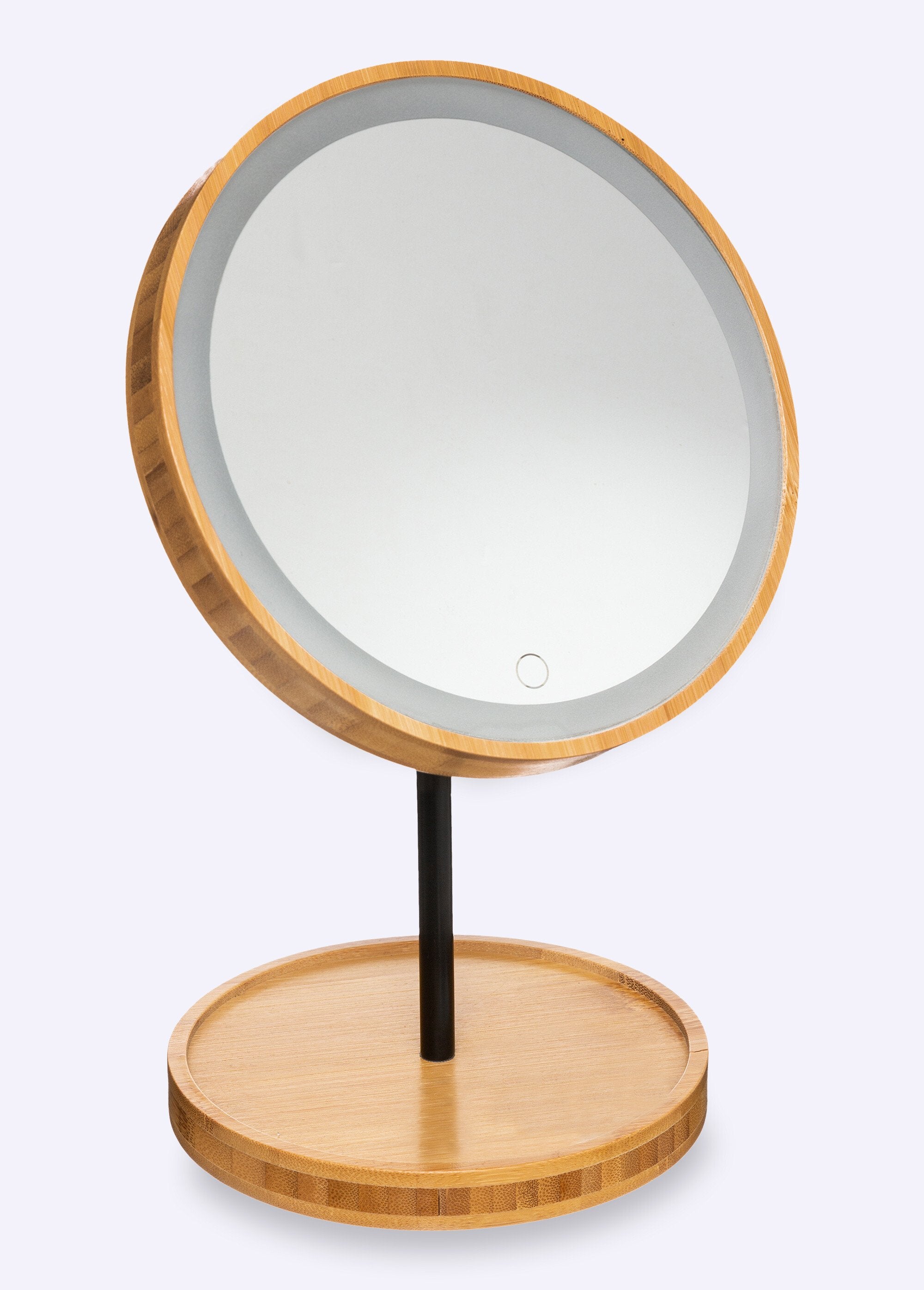 Bamboo_LED_mirror,_swiveling_on_a_stand_Bamboo_and_black_FA1_slim