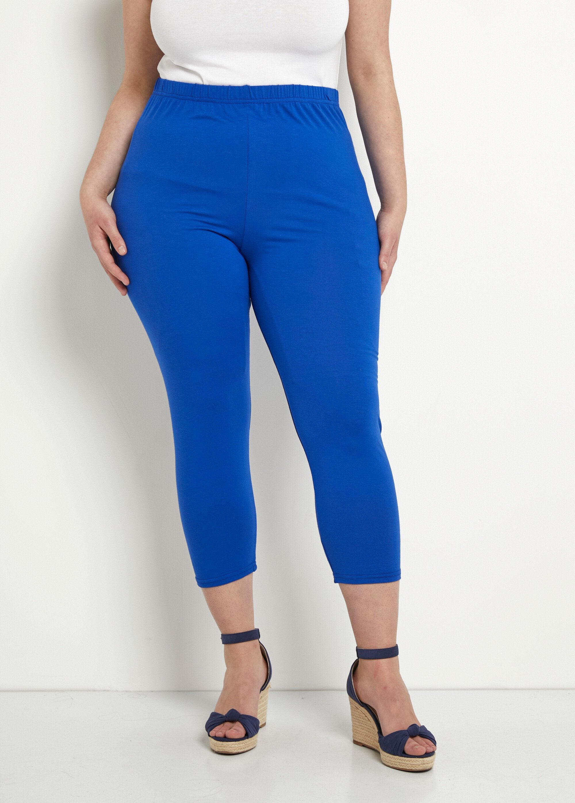 Stretchy_elasticated_waist_short_leggings_Plain_blue_FA1_curvy