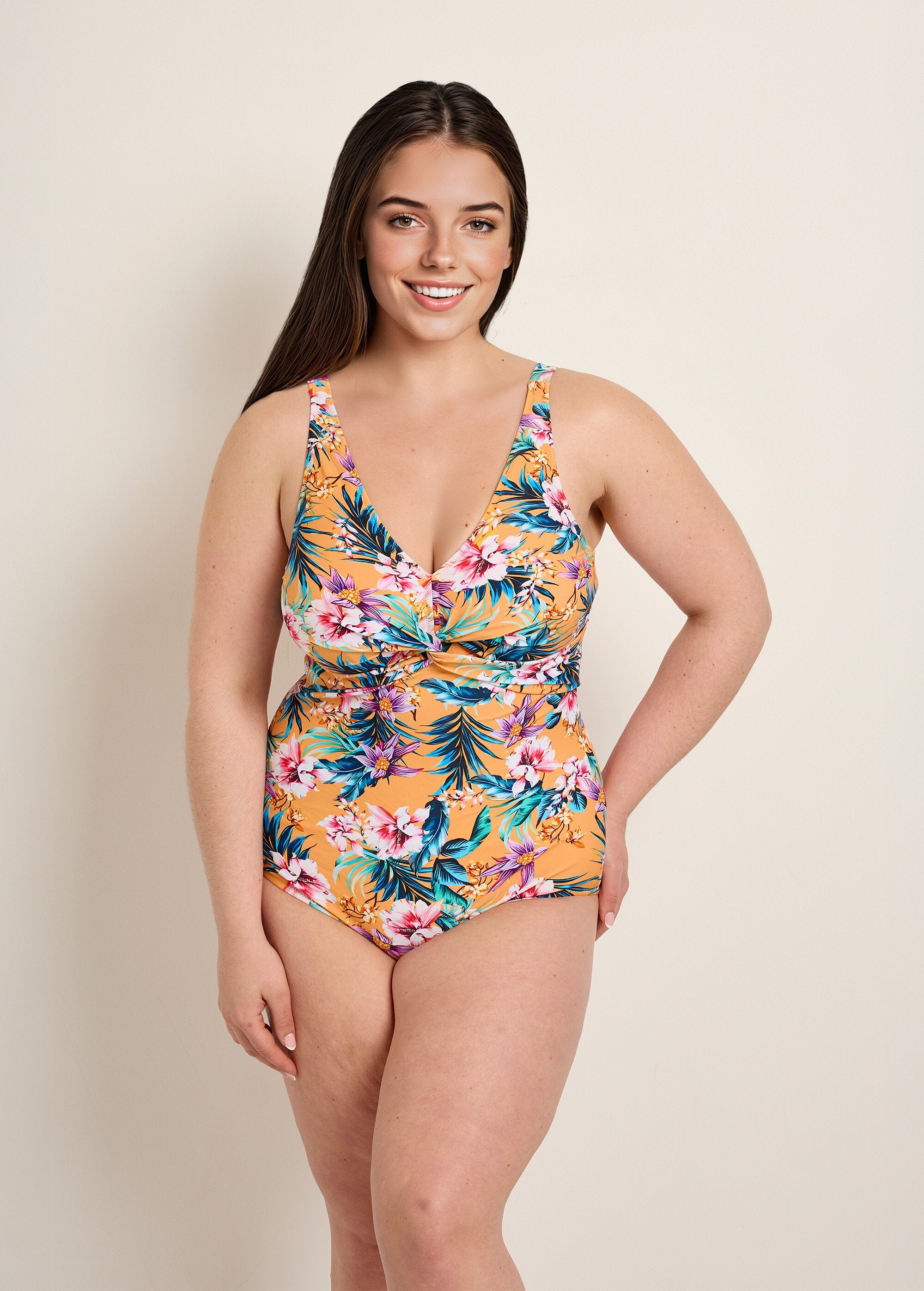 Maillot_de_bain_drapé_1_pièce,_exotique_Orange_imprime_FA1_curvy