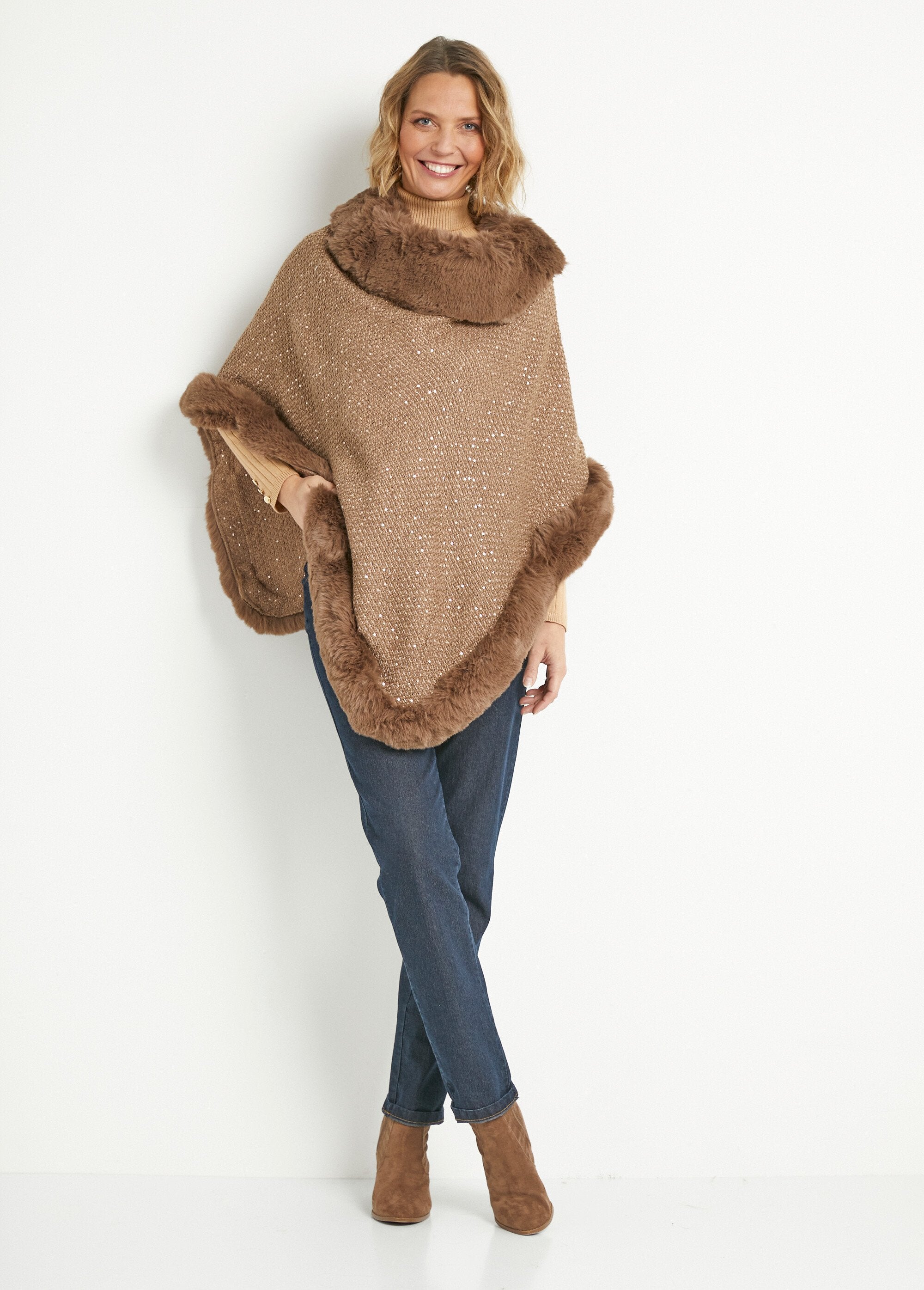 Poncho_with_fur_edge_and_sequined_mesh_camel_SF1_slim