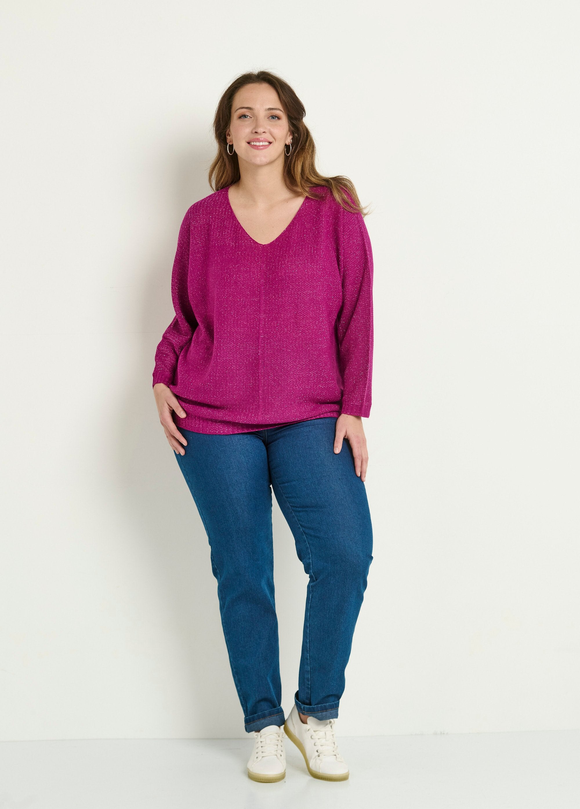 Pull_col_V_maille_fantaisie_métallisée_Fuchsia_SF1_curvy