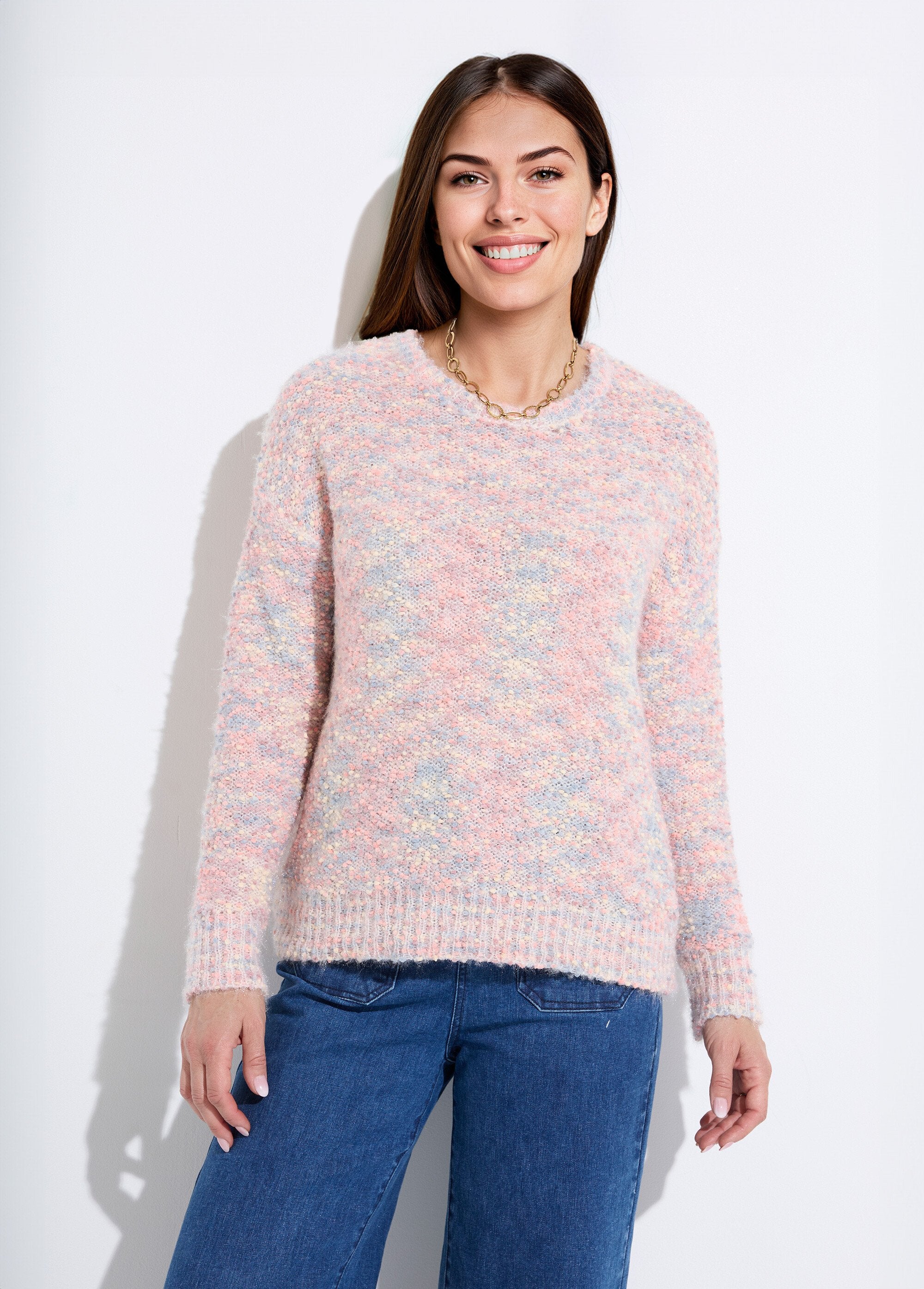 Pull_doux_col_rond_maille_boule_multicolore_Chine_rose_FA1_slim