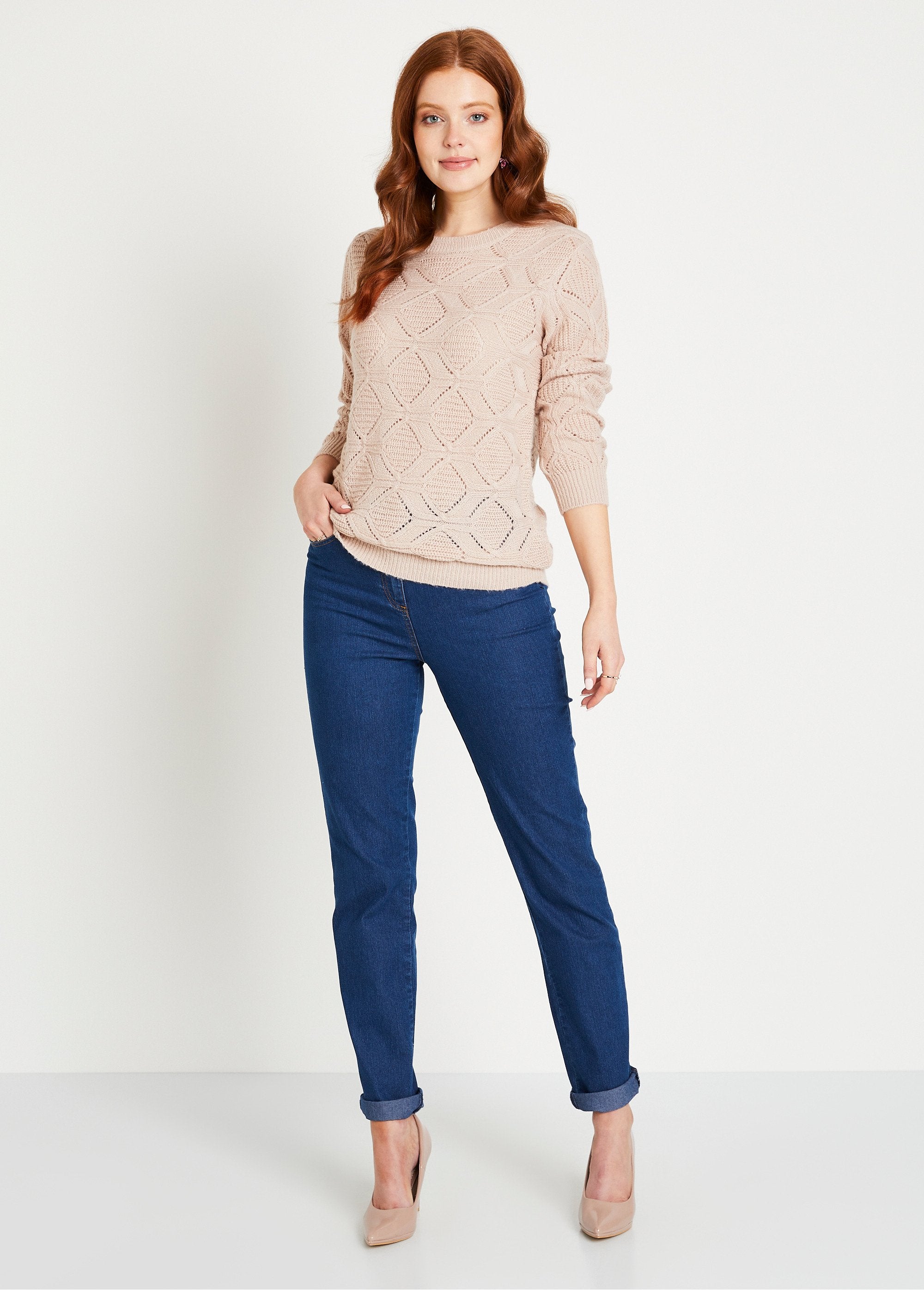 Tunic_sweater,_mid-length,_plain,_round_neck,_openwork_knit_Beige_pink_SF1_slim