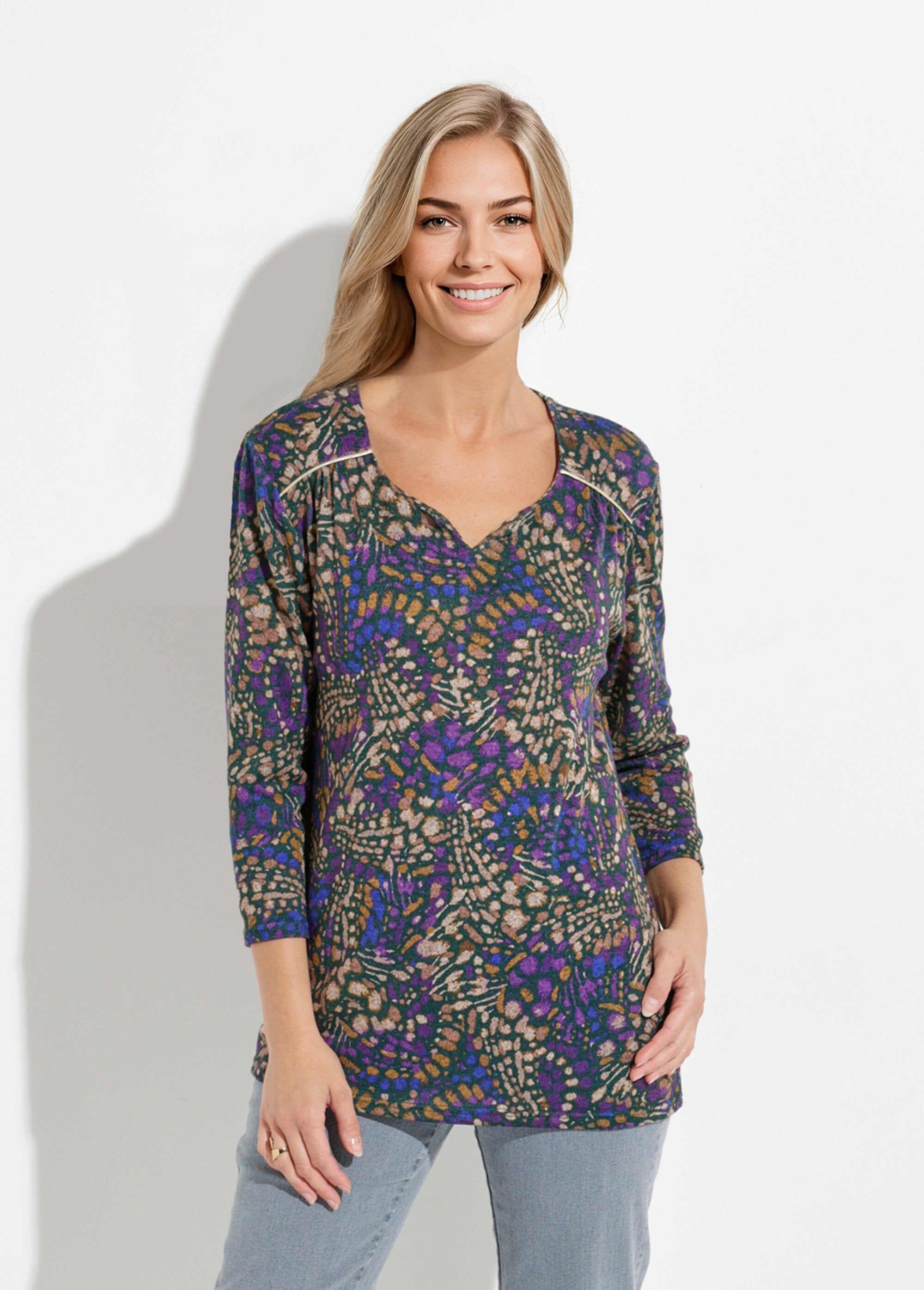 Long_flared_t-shirt_with_3/4_sleeves_and_tachist_print_Purple_and_beige_FA1_slim