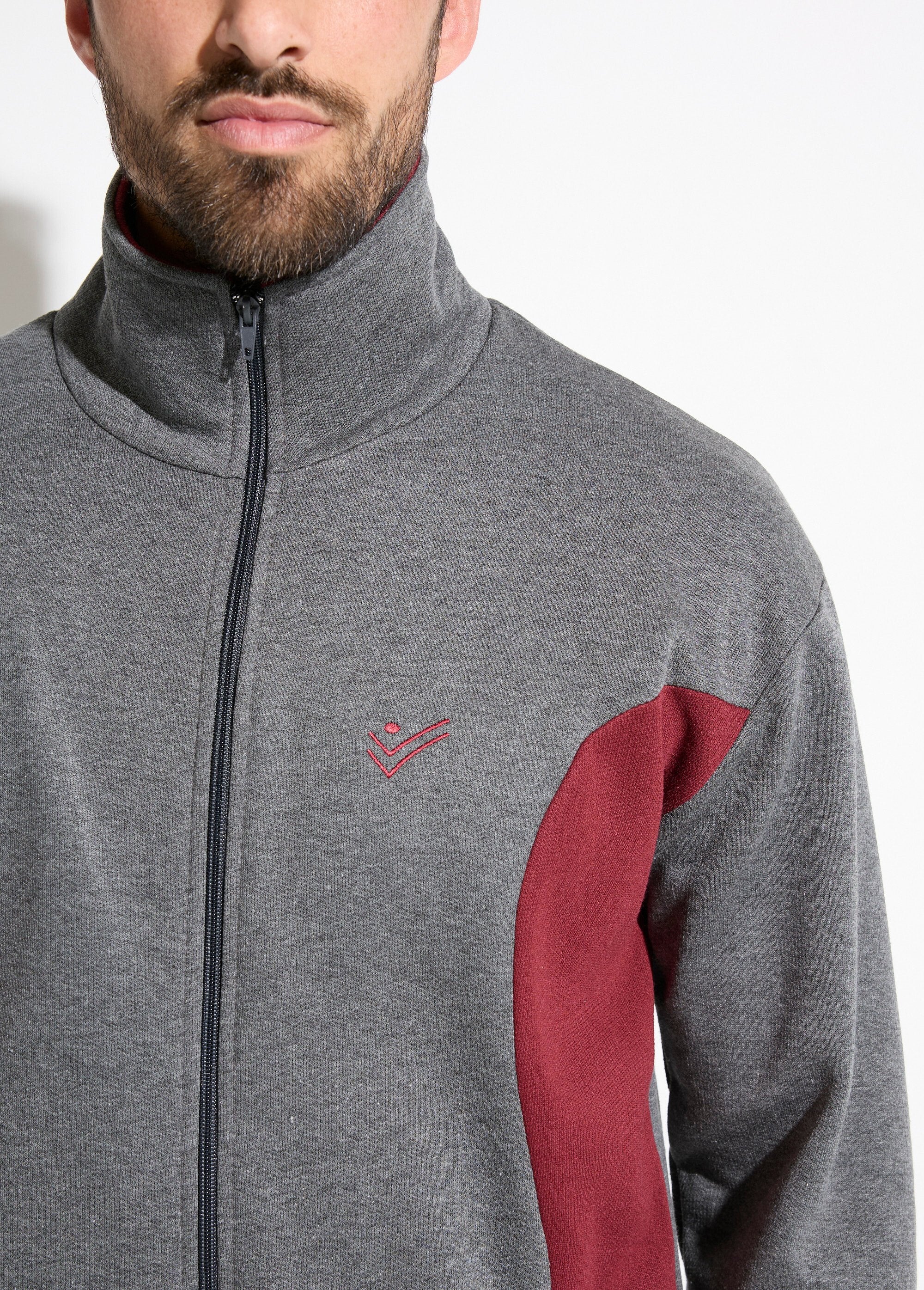 Veste_de_détente_zippée_molleton_coton_bicolore_Anthracite_et_bordeaux_DE1_slim